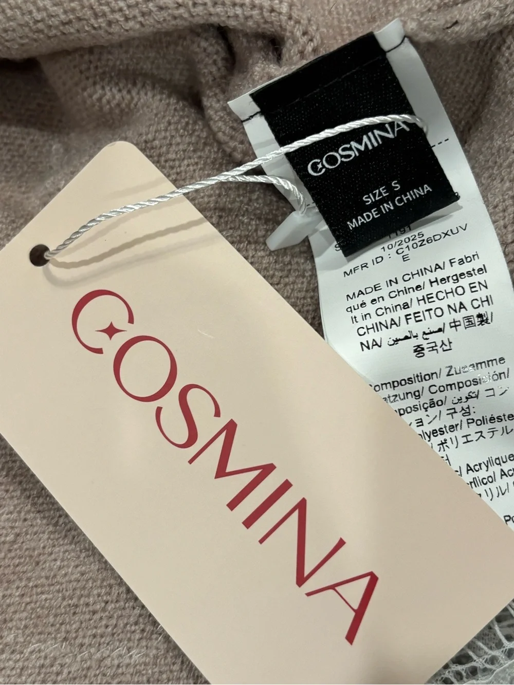 COSMINA Khaki Knit Sweater Dress with White Lace Trim Asymmetrical Hem S
